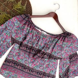 VA VA By Joy Han Womens Shirt Blouse Blue Pink Floral Off The Shoulder Small